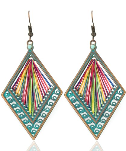 Rainbow Thread Geometric Dangle Earrings: Bronze & Teal Bohemian Multi Color Jewelry for Women