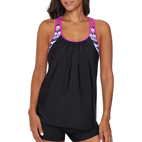 IHCEMIH Bañador Mujer Tankini Push up Relleno Dos Piezas Bañadores Conjunto Reductor Barriga Cintura Alta Boxer Traje de Baño Ropa de Playa Natacion Piscina Deportivo Tankinis Verano Negro Rosa XXL