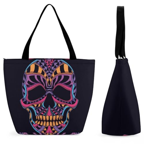 Sac cabas crâne coloré pour femme grand format shopping et voyage