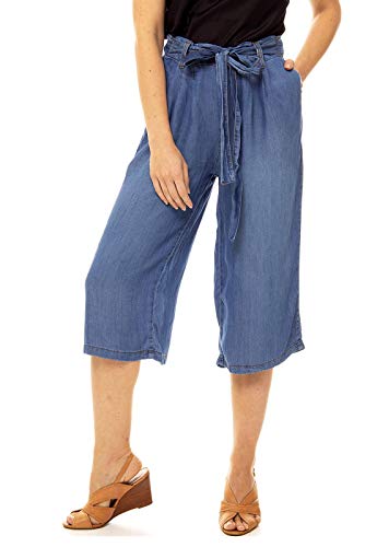 Calça Pantacourt Jeans SOB Azul Com Faixa De Amarrar E Bolsos