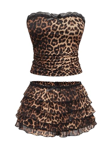 BEAUDRM Women's 2 Piece Outfit Y2k Cheetah Set Lace Leopard Tube Top Mesh Ruffle Mini Micro Shorts Sexy Rave Part Clubwear Brown Medium