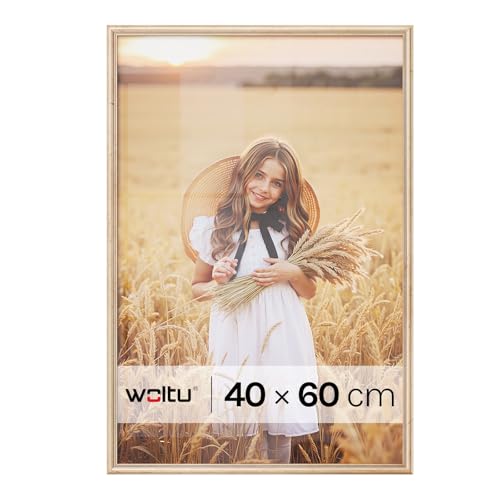 WOLTU Bilderrahmen 40x60, Fotorahmen aus Massivholz und PS-Platte, Holzrahmen mit Passepartout, zum vertikalen oder horizontalen Aufhängen/Aufstellen, Posterrahmen Collage Wanddeko, Gold