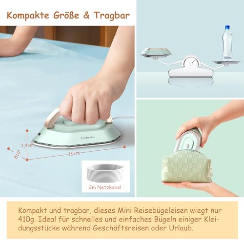 Newbealer Mini Reisebügeleisen mit Universalspannung 100-240V, Kompaktes Bügeleisen für Kleidung (kein Dampf), Keramikfläche, 150 °C Heißpress mit Sprühflasche, Beutel und Silikonständer, Grün