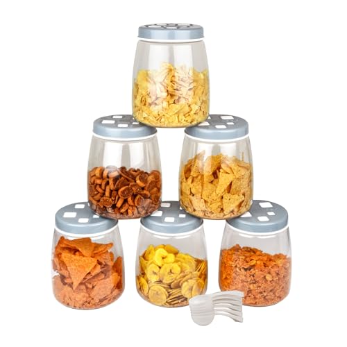 Image of FLAIR Cubics Airtight Food Storage Containers Set of 6 (1500ml each) with Spoons - Blue, BPA-Free, PET Plastic Jars, Space-Saving for Pantry, Snacks