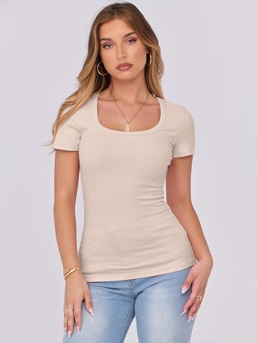 ANRABESS Women Short Sleeve Tops Scoop Neck Ribbed Knit Slim Fitted Basic Tee Shirts Casual Summer Clothes 2025 Fall Outfits - Image 4