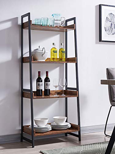 AMOAK 4-Tier Bookshelf, Industrial Ladder Shelf, Bookshelves, Vintage Bookcase, Storage Rack Shelves for Living Room, Bathroom, Wooden and Metal Frame, Retro Brown