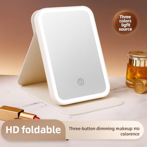 Image of Coslifestore LED Lighted Makeup Mirror with 3 Color Modes, Foldable & Rechargeable Battery Portable Vanity Rectangular Mirror with Stand for Travel & Home