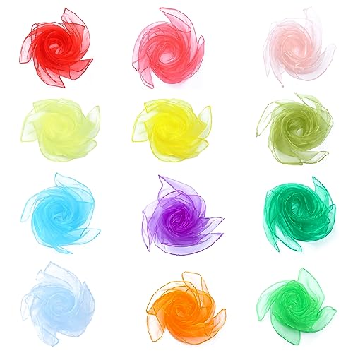 KIMOBER 12PCS Square Dance Scarves,12 Colors Juggling Silk Magic Tricks Music Movement Scarf Props for Kids Toddlers Children(24in × 24 Inches)2