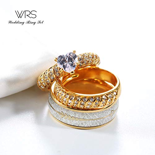 TWO RINGS His Hers Wedding Ring Sets Couples Rings Women's 10k Yellow Gold Plated White heart CZ Wedding Engagement Ring Bridal Sets & Men's Titanium Wedding Band2