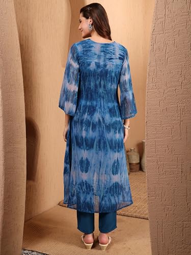 Image of EthnicJunction Women Georgette Relaxed Fit Tie & Dye & Embroidered A-Line Flared Kurta,Summer Kurta,Kurta For Office,Long Kurti