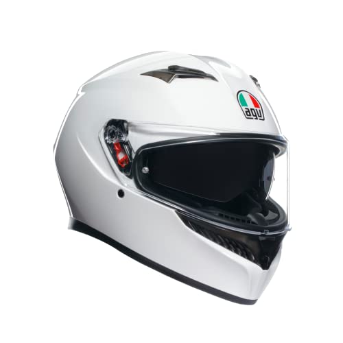 AGV - Casco K3 E2206 MPLK, Casco Moto da Uomo, Casco Integrale ECE con Assorbimento del Sudore, Spoiler, Prese d'Aria e Visiera Antigraffio Anti UV, con Predisposizione Interfono, Bianco