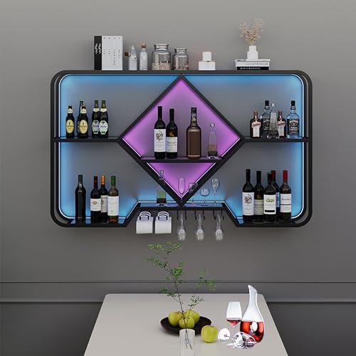 XYLDGPTL Metal Wine Rack Bar Shelves Wall Mounted with Wine Glass Holder Liquor Cabinet Bottle Display Shelf Whiskey Shelf with Light Strip for Home Bar Cafe