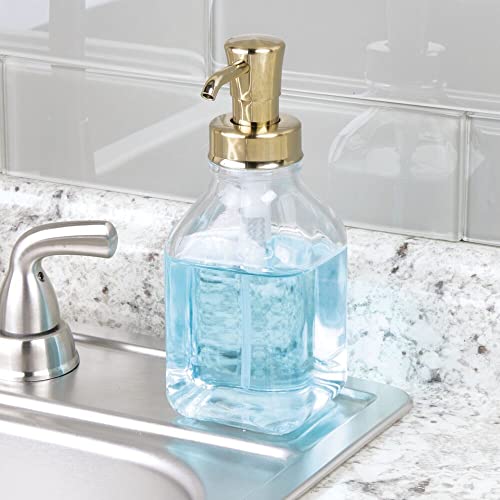 mDesign Square Glass Refillable Liquid Soap Dispenser Pump Bottle for Bathroom Vanity Countertop, Kitchen Sink - Holds Hand Soap, Dish Soap, Hand Sanitizer, Essential Oils - 2 Pack - Clear/Soft Brass2