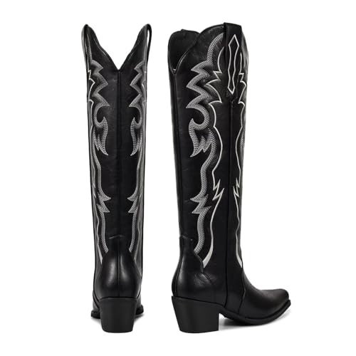 Image of wetkiss Cowboy Boots for Women Knee High, Low Heeled Stable and Comfortable | Knee High Cowgirl Boots,Western Boots with Embroidery,Pull On,Slip On,Non-slip Rubber Sole,Soft and Breathable PU Leather
