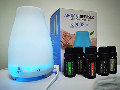 Aroma Essential Oils Diffuser Contains 6 Set 10ml Oils for New-200ml Aromatherapy Diffuser for Essential Oils with Adjustable Mist Mode, Waterless Auto Off Colorful Diffuser for Bedroom, Office