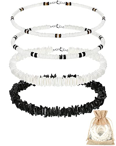 Kigeli 4 Pieces Puka Shell Necklace for Men, Surfer Choker Seashell Hawaiian Necklace Beach Chokers with Gift Bag