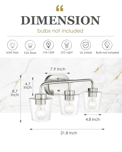 Image of 3-Light Bathroom Light Fixtures Over Mirror, Brushed Nickel | Vanity Lights for Bathroom with Clear Glass, Modern Vanity Lighting Fixtures, AD-22004-3W-SN-C