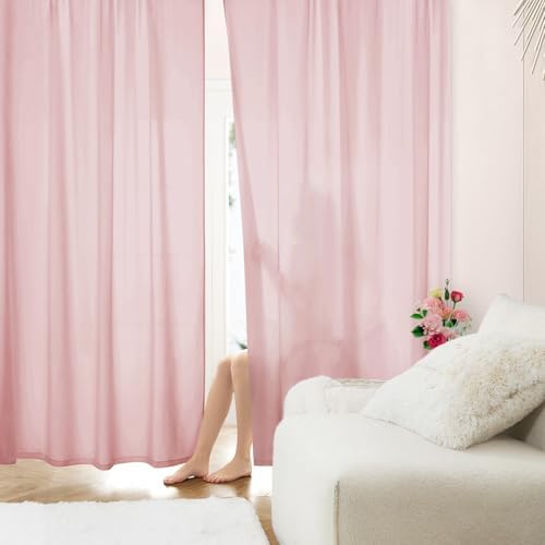 HOMEIDEAS Non-See-Through Light Pink Privacy Sheer Curtains, 52 X 45 Inches Long 2 Panels Sheer Curtains Light Filtering Window Drapes for Bedroom Living Room