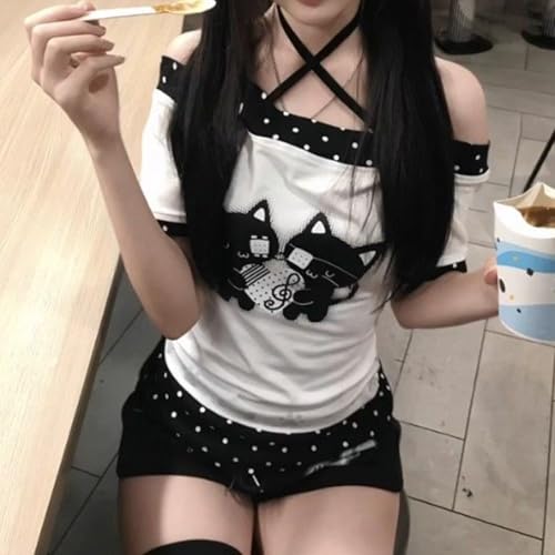 Image of Kawaii Cutecore Harajuku Y2k 2000s Tops Summer Preppy Aesthetic Alt Goth Emo Short Sleeve Graphic Tees