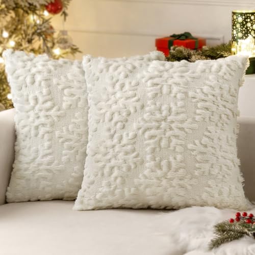 MIULEE Christmas Cream White Throw Pillow Covers Snowflakes Decorative 18×18 Inch Faux Wool Winter Festival Couch Pillow Covers Set of 2 Farmhouse Holiday Home Decors for Sofa Livingroom Bed