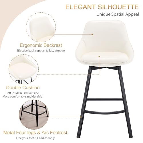 Image of Zesthouse Swivel Bar Stools Set of 4, 26 inch Modern Counter Height Bar Stools with Low Backs, Upholstered Faux Leather Bar Chairs for Kitchen Counter, White Island Chairs with Metal Legs