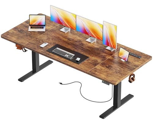 Image of Huuger 71 X 30 Inch Electric Standing Desk with Power Outlets and USB-C Port, Height Adjustable Desk, Sit Stand Desk for Home Office, Computer Desk with 4 Presets, Stable Steel Frame, Rustic Brown