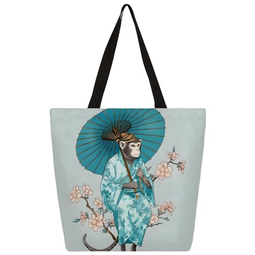 Watercolour Tree Branch Flower Monkey Umbrella Large Capacity Canvas Tote Bag Stylish Handheld Shoulder Bag Reusable Shopping Bag for Work Travel Beach Trips Shopping