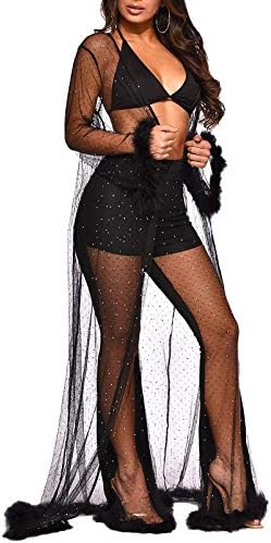 Womens Sexy Sequin See Through Long Lace Dress Sheer Mesh Gown Kimono Robe with Plush