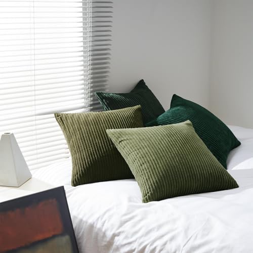 Image of Topfinel Christmas Decorative Throw Pillow Covers Green Series,Winter Fluffy Corduroy Striped Euro Pillows Shams for Couch Bed Bedroom,Western Modern Hunter Green Pillowcase 20x20 Inch Set of 4