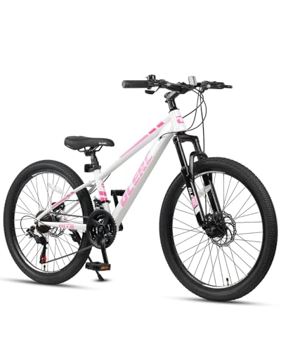 Glerc 24 Inch Kids Bike, Kids Mountain Bike for Boys and Girls Ages 9-14, 21-Speed Skyline Bicycle with Front Suspension and Disc Brakes, Pink