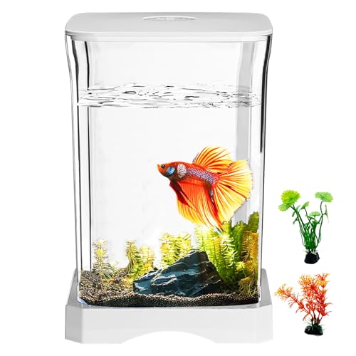PINVNBY Tanque de peixes pequeno, kits iniciantes de aquário de acrílico de 1 litro com 2 peças de plantas aquáticas de plástico, aquário Betta para camarão, gupy, água-viva beta, decoração de quarto