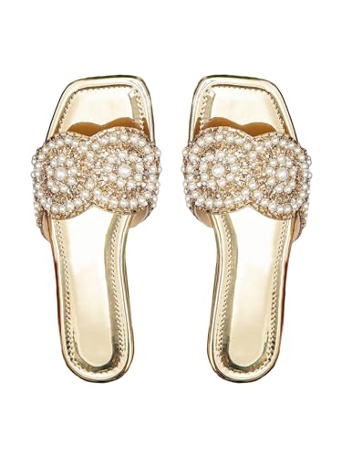GORGLITTER Women's Gold Sparkly Flat Sandals Dressy Rhinestone Bling Metallic Comfortable Slides Sandal