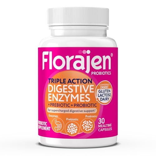 Florajen Digestive Enzymes with Probiotics & Prebiotics - Enzyme Supplement for Gut Health Bloating & Gas Relief - Supports Gluten & Dairy Digestion - Non-GMO Daily Digestive Support - 30 Capsules