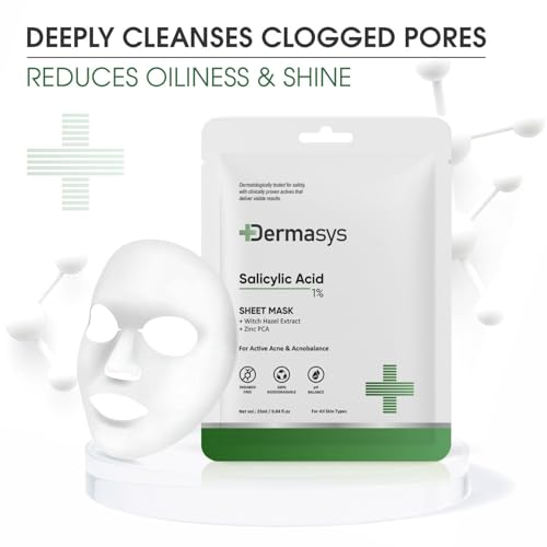 Image of 1% Salicylic Acid Sheet Mask for Reducing Acne, Enlarged Pores & Fine Lines with Zinc PCA, Witch Hazel & Hyaluronic Acid | Face Mask for Clear, Smooth & Refined Skin (Pack of 1, 25ml)