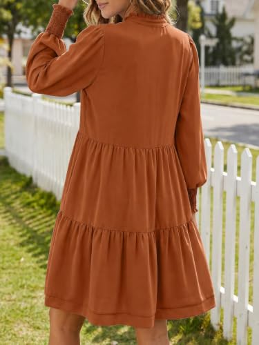 Image of Imily Bela Womens Fall Long Sleeve Tunic Dress Casual V Neck Tiered Dress | Loose,Swing,A-Line,Ruffled Collar,Puff Balloon Sleeve,Smocked Elastic Cuffs,Tiered Layered Ruffle Hem,Babydoll,Loose,Mini