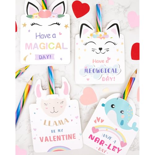 Valentines Day Cards for Kids - Set of 24 Rainbow Pencils Unicorn Valentines - Class Party Favors Valentine day cards Exchange Bulk for Girls Boys School Classroom Supplies