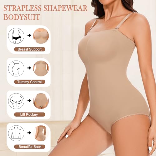 Image of Strapless Shapewear for Women,Tummy Control Bodysuit With Built In Bra,Seamless Body Shaper Tube Top Body Suit