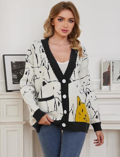 Image of Gihuo Women Cat Sweater Oversized Cute Kawaii Cardigan Knit Graphic V Neck Loose Fit Long Sleeve Cardigan Coat