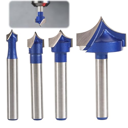 4pcs Carbide Groove Point Cutting Roundover Router Bit Set 1/4 Shank Router Bit Roundover Plunge Cutter for Wood Engraving Edge Forming Cutter