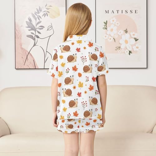 Satin Pajama Sets Short Sleeve Cute Snails with Autumn Leaves Button Down Silky Nightwear 2 Piece PJS 5-14Y4
