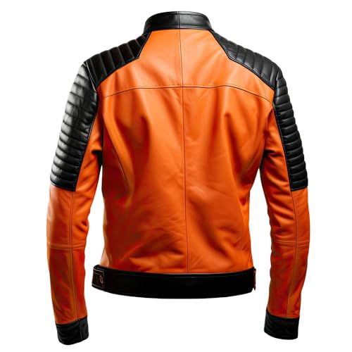 Buy & Catch Online Store Men Cafe Racer Orange Motorcycle Jacket Quilted Leather Biker Zipper Rider Moto Jacket, Small2