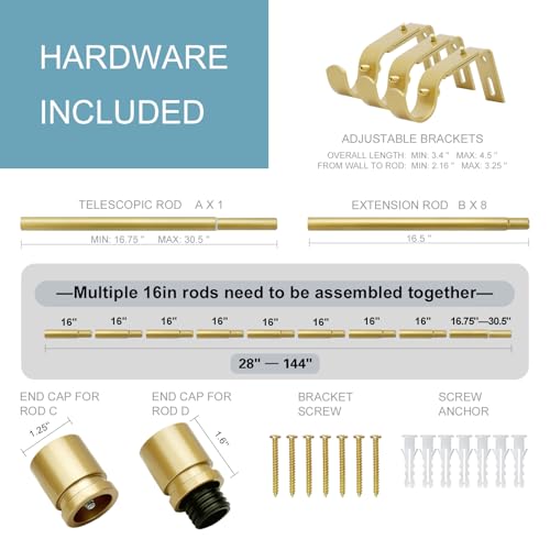 Image of Byondeth Curtain Rods for Windows 16 to 144 Inches Adjustable Length 1 Inch Diameter Window Curtain Rod with Aluminium Finials, Flash Gold