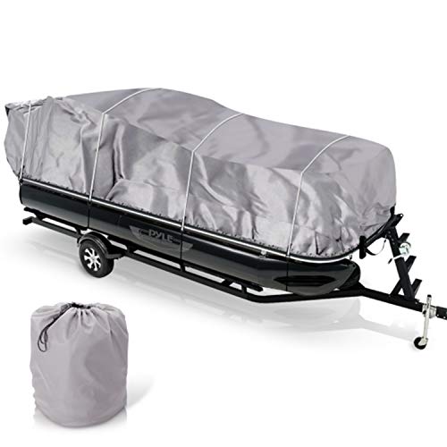 Pyle Universal Boat Adjustable Storage Cover - 25'-28'L to 96” Pontoon Boats Protection Custom Heavy Duty Waterproof Polyester Fabric, Snap Strap, Elastic Cord, Bag