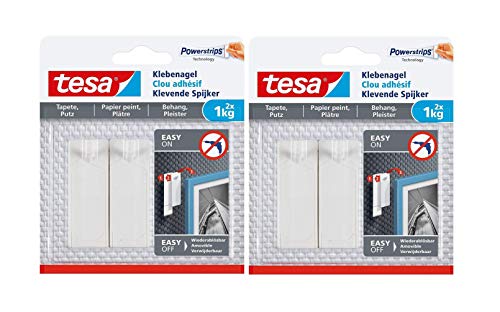 tesa 77773 Klebenagel für Tapeten und Putz / Selbstklebende Nägel für empfindliche Oberflächen / rückstandsfrei / 2 x 1 kg Haltekraft, 1 kg, 2 Stück (2)
