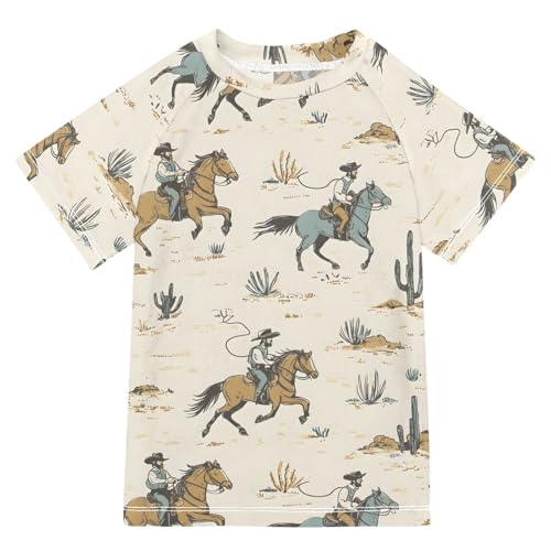 ALAZA Kids Rash Guard Toddler Swim Shirt Boy Girls Cactus Cowboy Print UPF 50+ Short Sleeve 4T