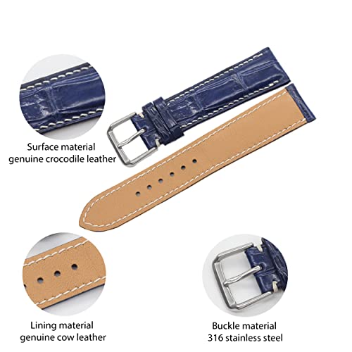 Watch Bands Leather Alligator Crocodile Handmade Replacement Watch Straps Men Women Silver Gold Tang Buckle 18Mm 19Mm 20Mm 21Mm 22Mm (19Mm/16Mm, Blue Thread Cream) #TOP2