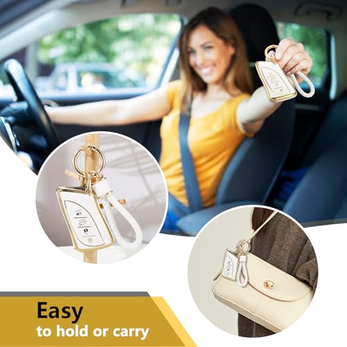 Image of Key Fob Cover for Lexus, White Braided Loop Keychain, Gold Edge | Wear-resistant TPU shell, white PU braided short loop, daily splash, scratch and drop protection, normal signal use