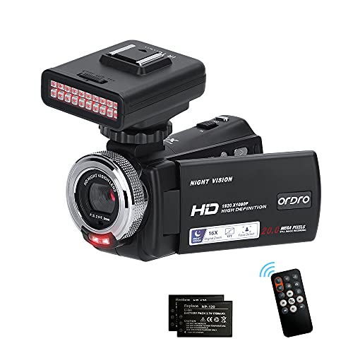 Video Cameras Night Vision Camera ORDRO V12 Digital Camcorder, 1080P YouTube Camcorder, 3'' LCD Screen 16X Digital Zoom Video Recorder with IR Night Vision Light, Remote Control, 2 Batteries