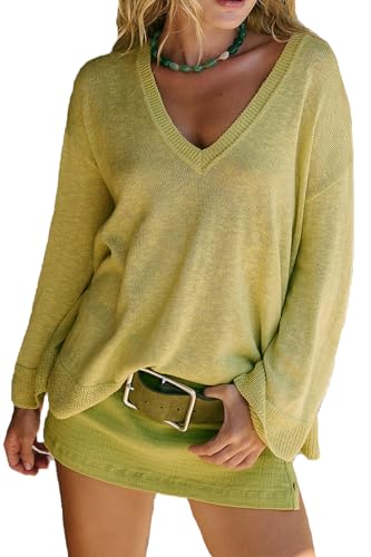 Women V Neck Oversized Sweaters Y2k Off Shoulder Long Sleeve Ribbed Knit Sweatshirts Sexy Sheer Fall Pullover Sweater