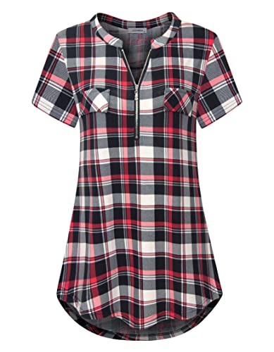 JCZHWQU Plus Size Business Casual Blouses for Women Dressy, Ladies Zipper V Neck Short Sleeve Work Office Shirt Long Tunic Tops to Go with Leggings Summer Out Door Clothes Red Plaid 08 XXL